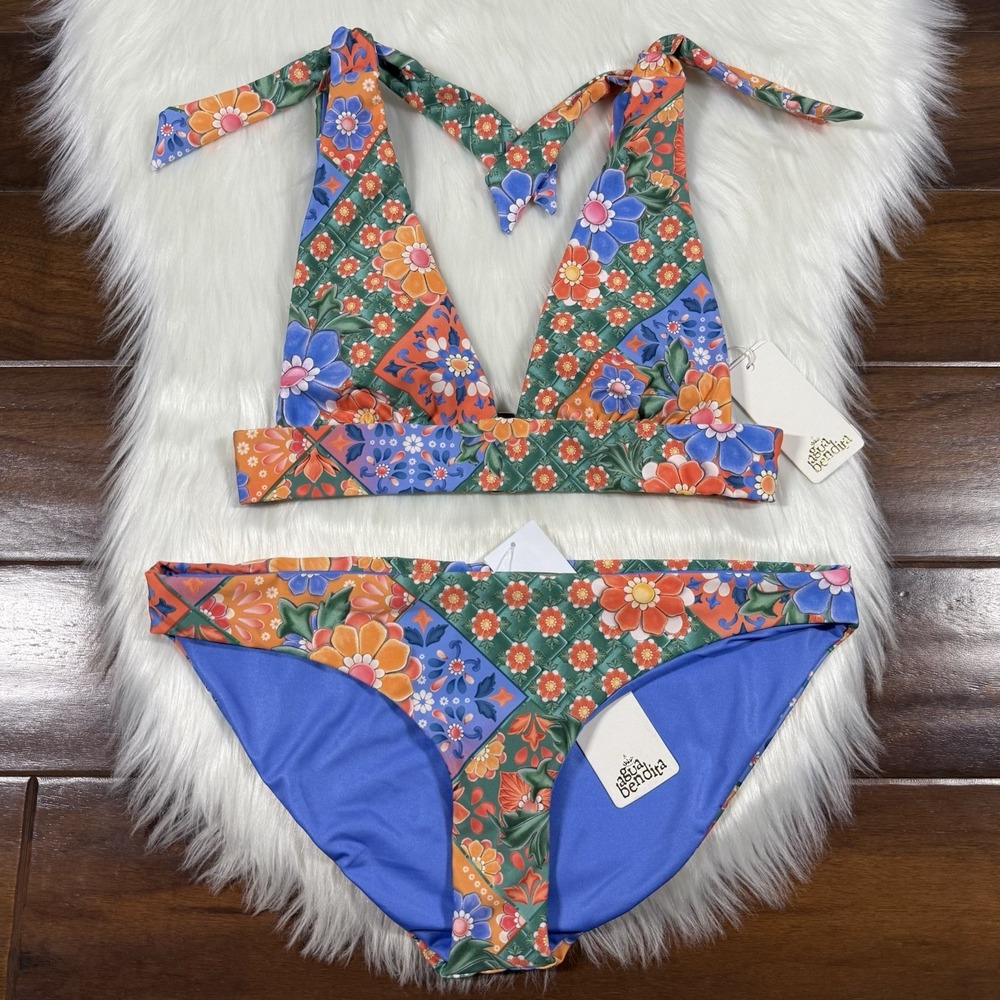 Agua Bendita Size M /‎ L  Aubrey & Laurie Tile Floral 2 Piece Bikini Swim Set